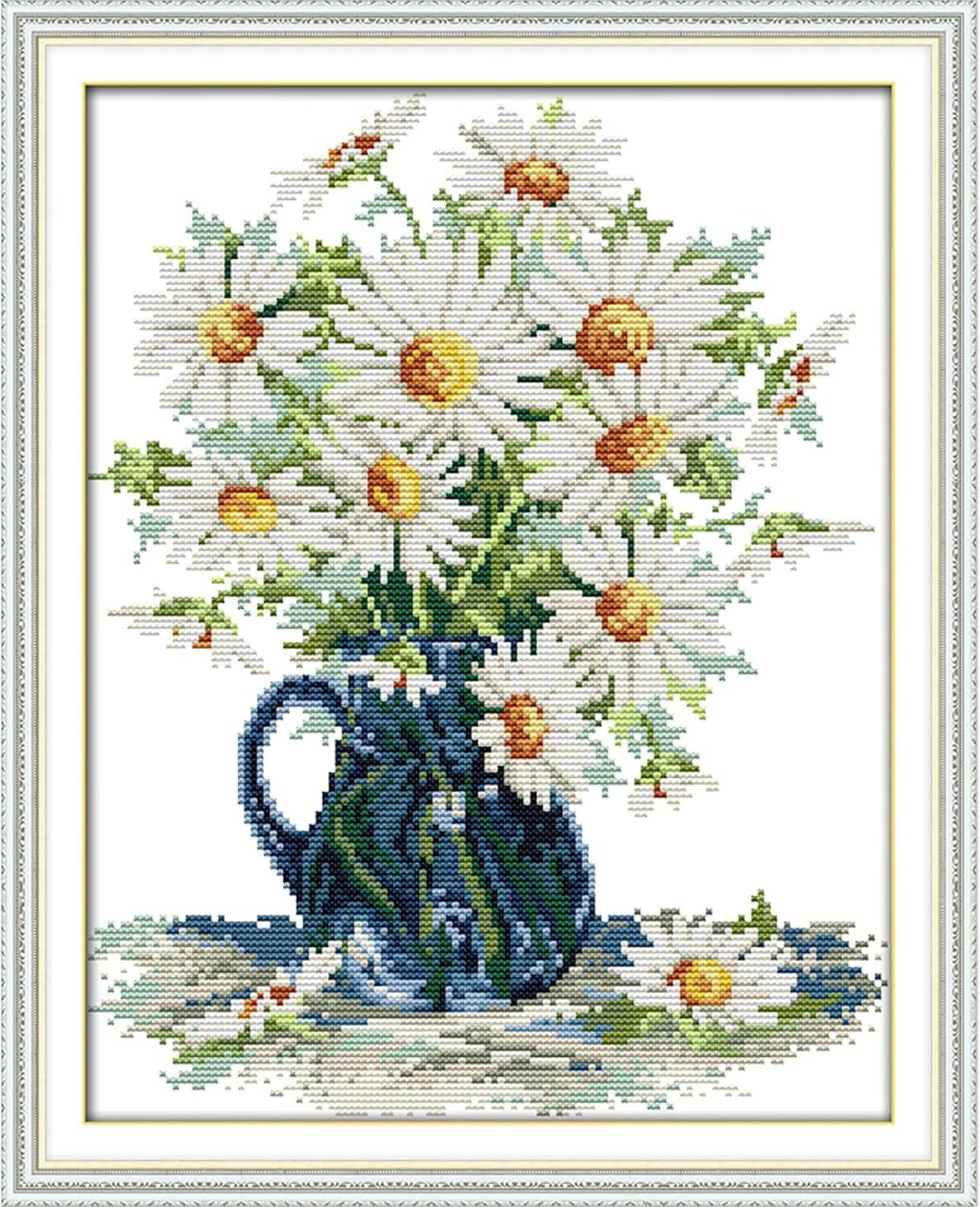 Daisy Vase Stamped Cross Stitch Kit – Beginner-Friendly 11CT Pre-Printed Embroidery Needlepoint for Kids & Adults, 15×18 Inch DIY Craft with Threads & Needles
